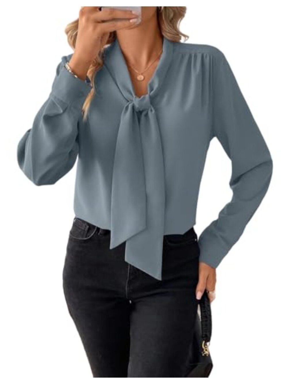 Dressy Bow Tie Knot Long Sleeve Blouse 100% Polyester Fine